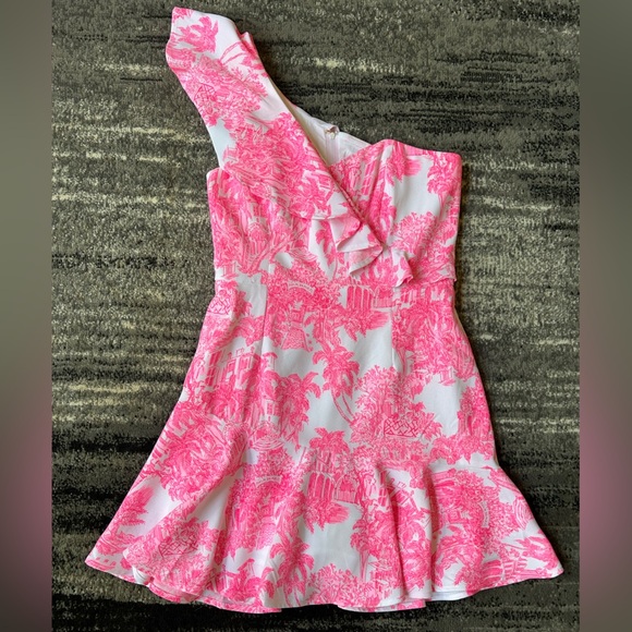 open lace back dress Lilly Pulitzer Bordeaux One Shoulder Dress Amarena Cherry Knit Pucker  Jacquard 0 at Amazon Women's Clothing store
